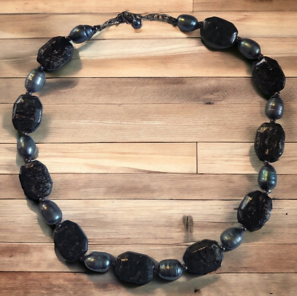Artistic Obsidian Hematite Black Gemstone Necklace Stone Precious Gem Adjustable - Picture 3 of 5